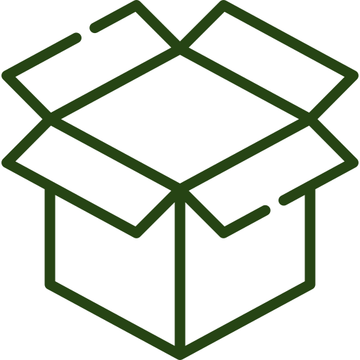 A simple dark green outline illustration of an open cardboard box with flaps spread outward on a light gray background.