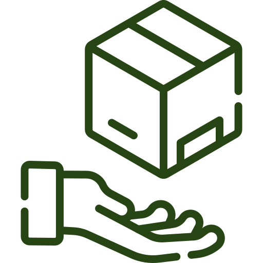 A simple green line drawing of an open hand beneath a cardboard box, symbolizing delivery, receiving, or handling of a package.
