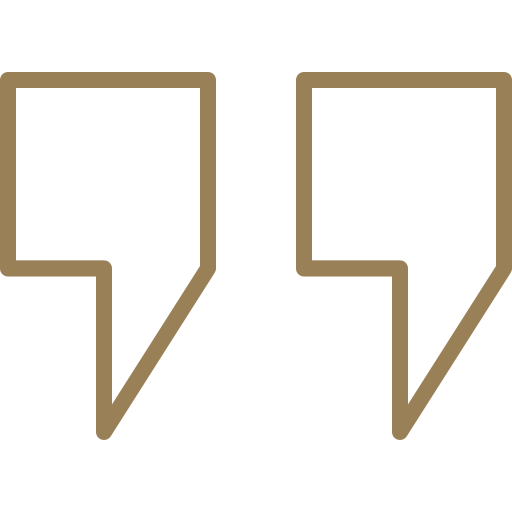 Two large, stylized quotation marks are shown in brown on a white background, with sharp right angles and a minimalist, geometric design.