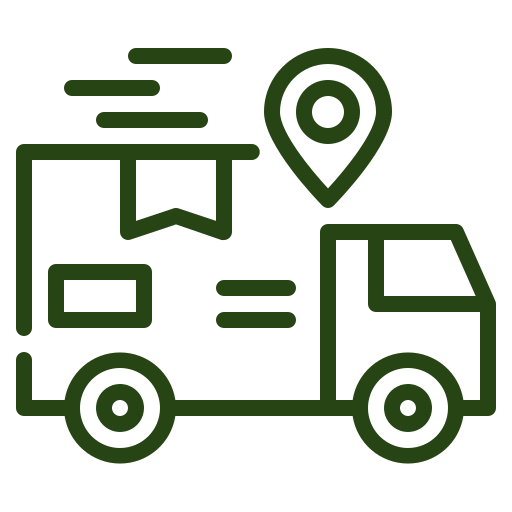 Icon of a delivery truck with a location pin above it, symbolizing package delivery or shipment tracking. The design is simple with bold, green lines on a white background.