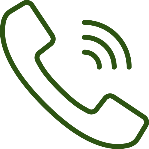 A green outline of a classic telephone handset with three curved lines indicating sound or a call in progress. The background is light gray.