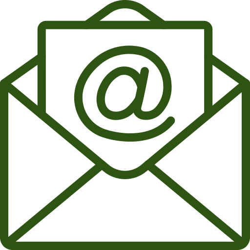A green outline of an open envelope with a piece of paper inside displaying a large @ symbol, representing an email or electronic message.
