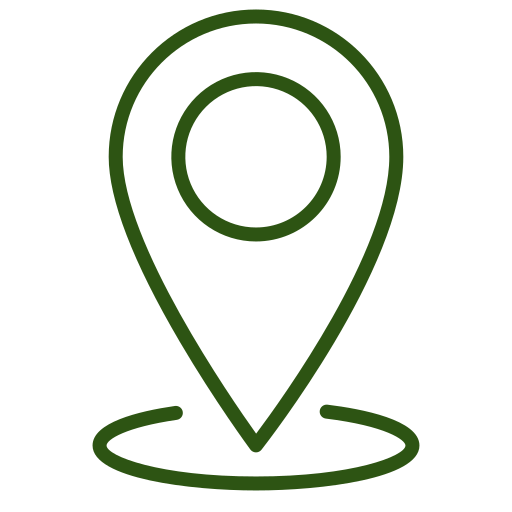 A simple, dark green location pin icon above a circular base on a light gray background, representing a map marker or GPS location symbol.