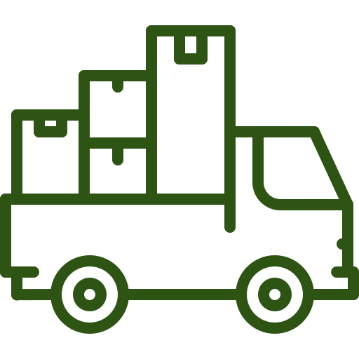 A green outline illustration of a delivery truck carrying four stacked boxes, with simple lines and no background details.