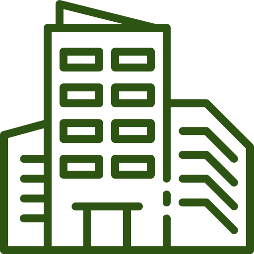 A simple green line drawing of three modern buildings of varying heights, featuring multiple windows and doors, representing an urban cityscape or office complex.