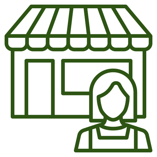 Line drawing of a storefront with an awning, and a person wearing an apron standing in front, representing a shop owner or employee.