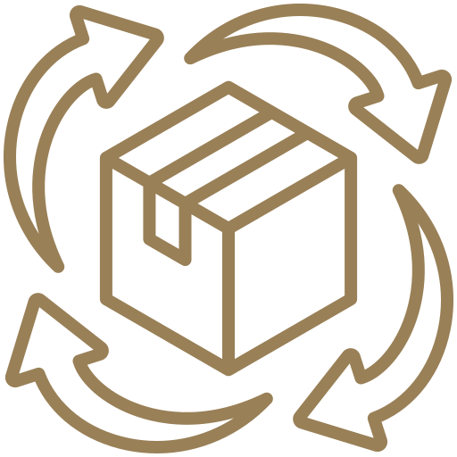 Brown line drawing of a cardboard box surrounded by four circular arrows, representing recycling or the reuse of packaging materials. The background is light gray.