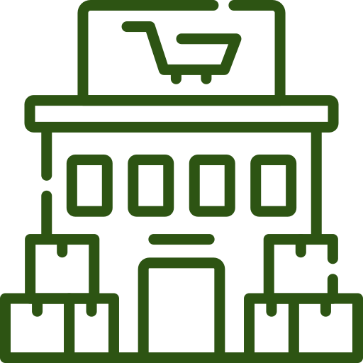 A simple line drawing of a store building with shopping bags outside and a sign on top featuring a shopping cart icon.