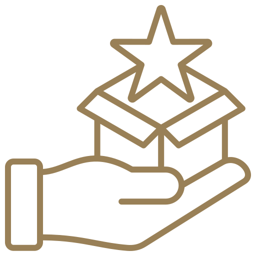 A simple brown outline of a hand holding an open box with a star emerging from it, symbolizing giving, receiving, or a special gift.