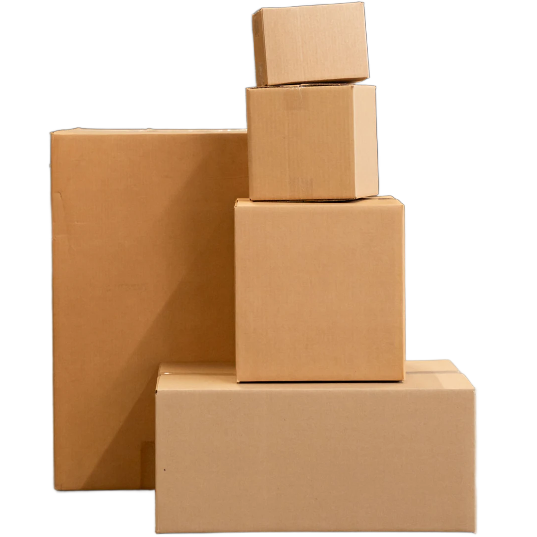 Five brown cardboard boxes of various sizes are stacked against each other on a plain white background. Four are arranged vertically, and one large box lies horizontally at the bottom.
