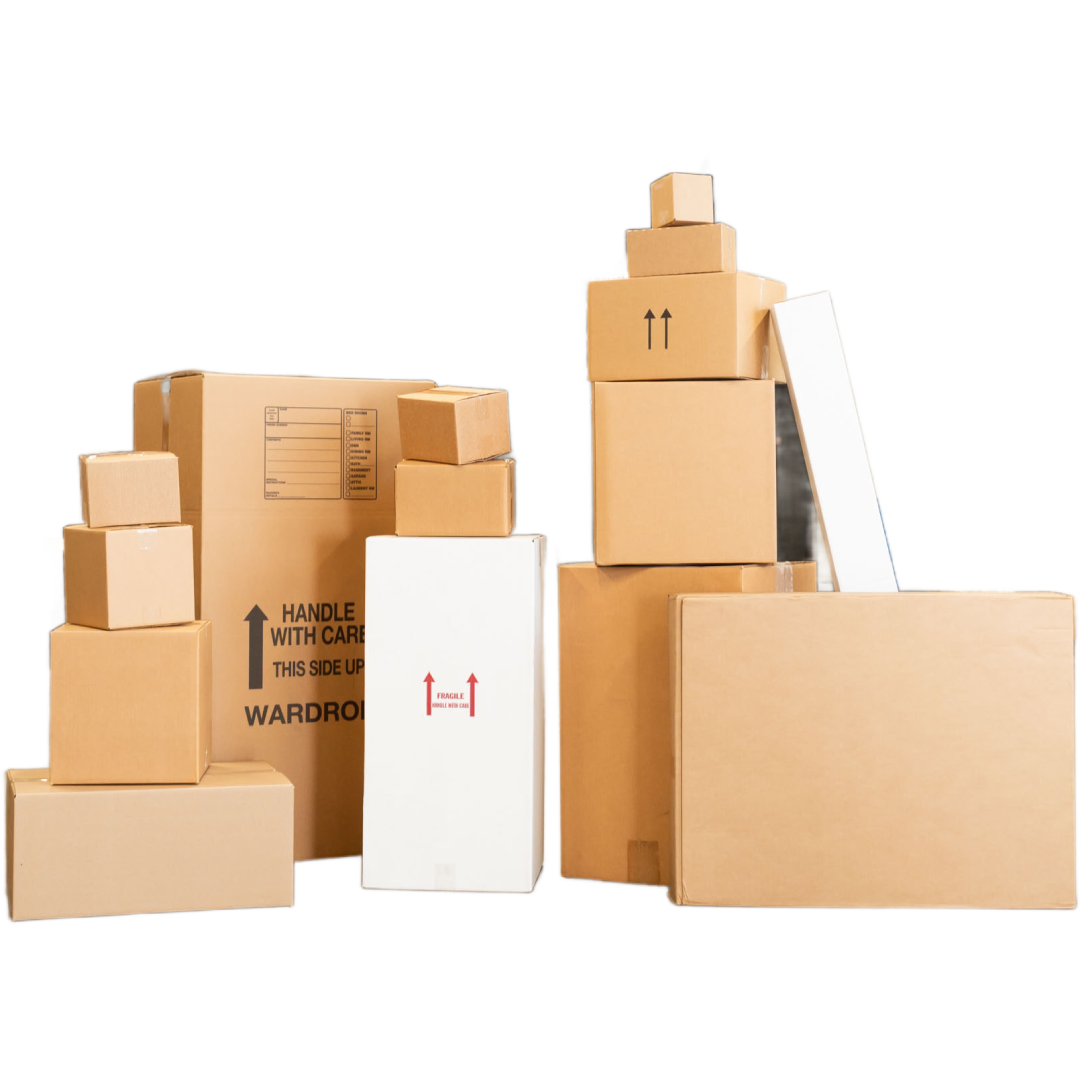 A group of various sized cardboard boxes, some stacked on top of each other, with printed handling symbols and labels, set against a plain white background.